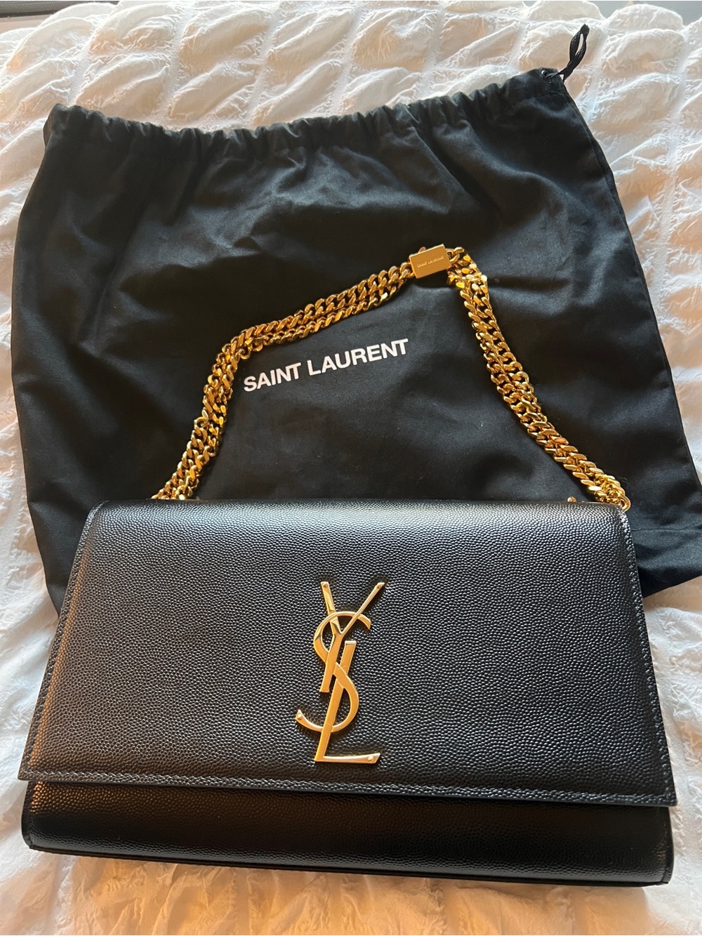 Saint Laurent Kate Black Leather Shoulder Bag with Gold YSL Logo
